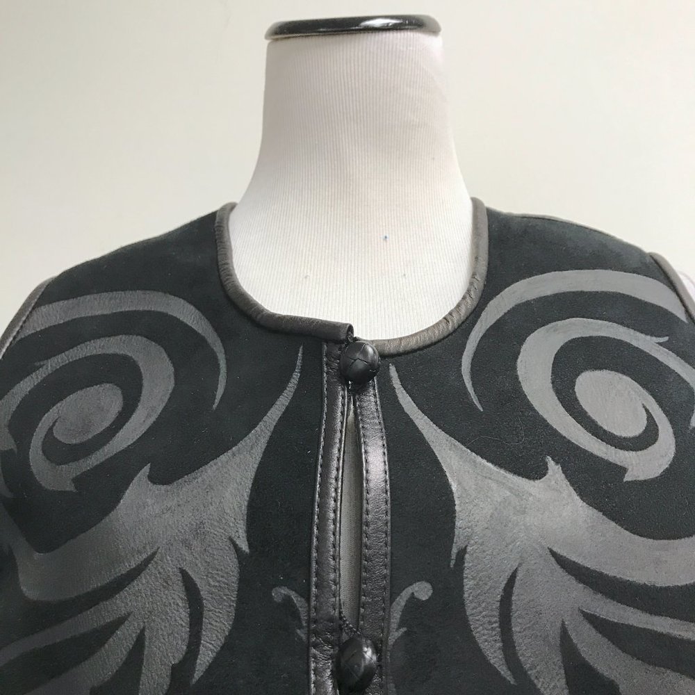 Black Leather Scroll Shearling Vest Button Sleeve… - image 6